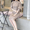 Neploe Japanese Elegant Women Robe Sweater Vestidos O Neck Hollow Out Shoulder Button Puff Sleeve Slim Solid Knitted Dress