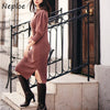 Neploe Japanese Elegant Women Robe Sweater Vestidos O Neck Hollow Out Shoulder Button Puff Sleeve Slim Solid Knitted Dress
