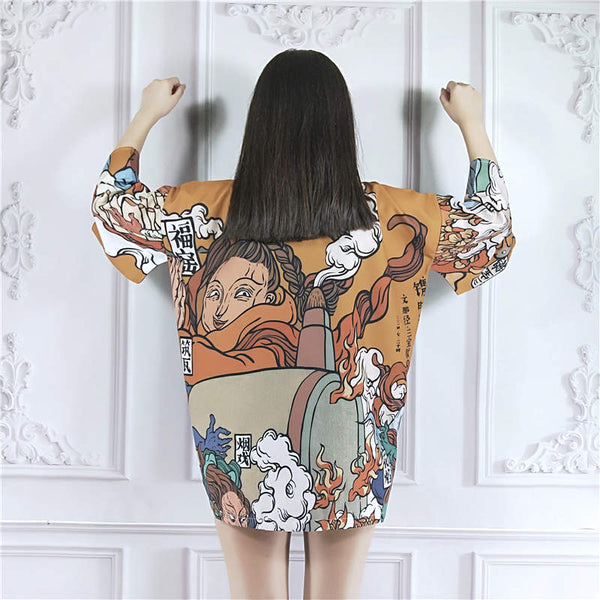 Kimono Blouses Harajuku Vintage Cardigan Devil Printed Shirt 3/4 Sleeve Woman Man Summer Sun Protection Kimonos 36331