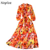 Neploe Light  Grace Ladies Bowknot Lace V-neck Dress Female 2022 Chiffon Fkoral Print Vestido Mujer Maxi Robe
