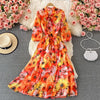 Neploe Light  Grace Ladies Bowknot Lace V-neck Dress Female 2022 Chiffon Fkoral Print Vestido Mujer Maxi Robe