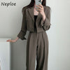 Neploe Solid Color Notched Collar Two Button Loose Blazer Short Jacket + High Waist Wide Leg Pant Trousers Women Two-piece Sets