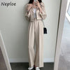 Neploe Solid Color Notched Collar Two Button Loose Blazer Short Jacket + High Waist Wide Leg Pant Trousers Women Two-piece Sets
