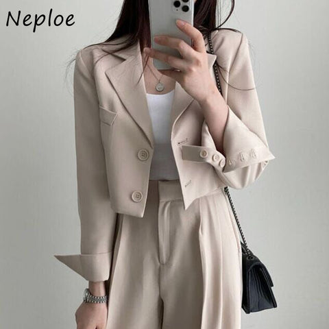 Neploe Solid Color Notched Collar Two Button Loose Blazer Short Jacket + High Waist Wide Leg Pant Trousers Women Two-piece Sets