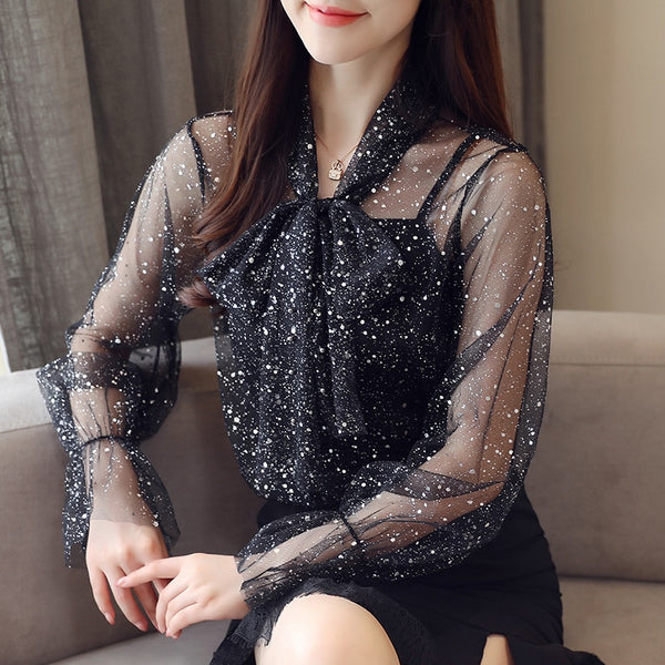 New 2022 Autumn Lace Blouses Long Sleeve Shirts Sexy Tops Korean Fashion Bright Silk Lace Bow Long Sleeve Chiffon Shirts 0791 30