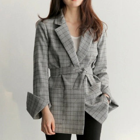 New 2022 Autumn Women Gray Plaid Office Lady Blazer Fashion Bow Sashes Split Sleeve Jackets Elegant Work Blazers Feminino S4