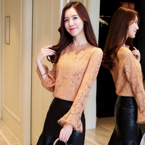 New 2022 Fashion Lace Woman Blouses Shirts Long Sleeve Women Top Solid Simple O Neck Sweet Floral Female Blusas Clothing 0702 30