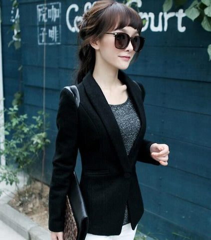 New 2022 Fashion Spring Women Woolen Blazer Long Sleeve Turn Down Collar Slim Blazer Black Jacket Coat For Women