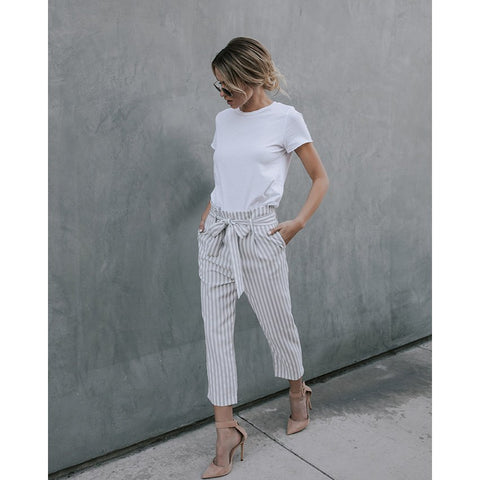 New 2022 Fashion Summer  stripe casual pants women botto Sash high waist wide leg pants Elastic summer L beach trousers