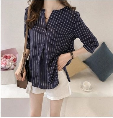 New 2022 Summer Plus Size 4XL White Shirt Female Big Sizes Striped Casual Women Blouse Shirt Chiffon Female Tops Blusas 0753 30