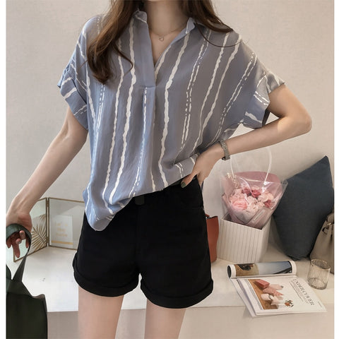 New 2022 Summer V Collar Stripe Printing Shirt Women Blouse Shirt Chiffon Short Sleeve Sexy Female Clothing Blusas Tops 0751 30
