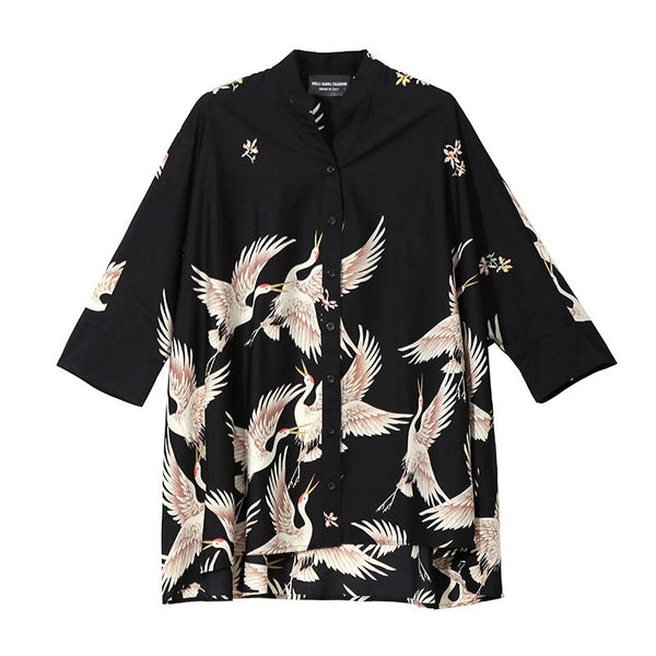 New 2022 Women Summer Clothing Women Blouse Shirt Blue Black Birds Printed Batwing Sleeve Girls Stylish Plus Size Blouses 3682
