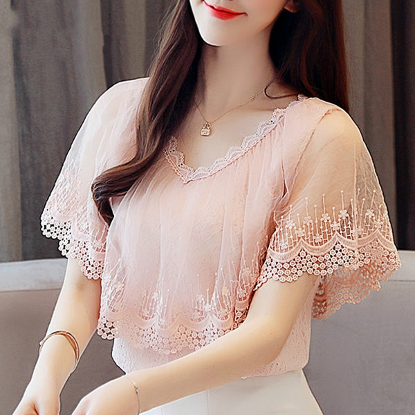 New 2022 Women Tops and Blouses Summer Lace Blouse Shirt Fashion Women Blouses Short Sleeve Lace Top Blusa Feminina 0788 30