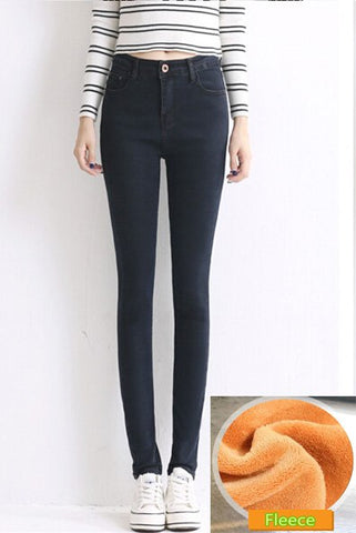 New 2022 autumn winter Women ladeis fleece warm Jeans Casual Denim Skinny Pencil Pants female keep warmed trousers