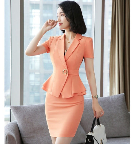 2023 Orange Pink Blazer Women Business Suits Formal Office Suits Work Wear Uniforms Ladies Skirt and Jacket Sets
