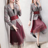 2022 Spring Women's Skirt Suits Office lady OL style Bandage Blazer jacket + Mesh Pleated Skirt Suit Elegant Two Piece Set