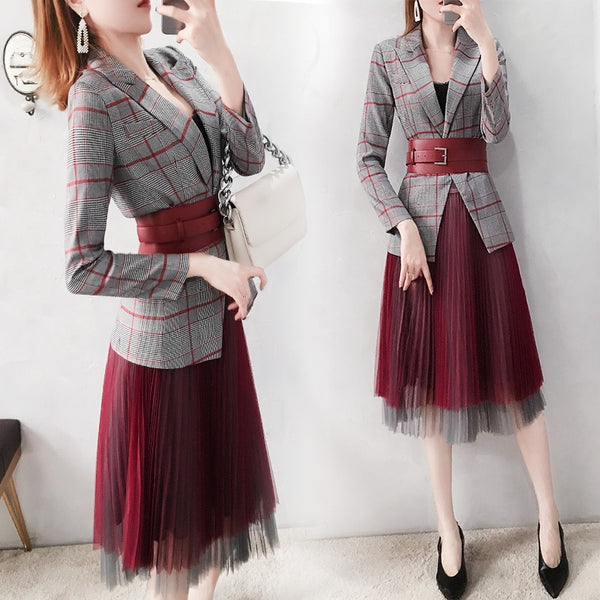 2022 Spring Women's Skirt Suits Office lady OL style Bandage Blazer jacket + Mesh Pleated Skirt Suit Elegant Two Piece Set