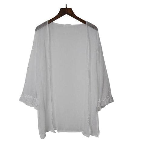 2023 Summer Sun Shirt Casual Long Cardigan Kimono Crochet Loose Ruffles Chiffon Beach Blouses Women Tops