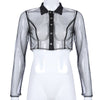 2023 Women Sheer Mesh Fish Net Long Sleeve Turtle Neck See Crop Top Black Lace Transparent Shirt Blouse