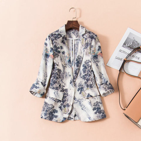2022 spring summer women remin blazer one button blazers slim elegant 3/4 sleeve office print outerwear