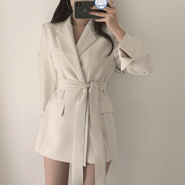2023 Autumn Winter Women Blazers and Jackets Office Ladies Lace up Notched Formal Outwear Elegant White Black Tops XQ197