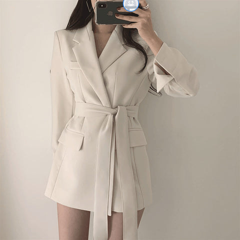 2023 Autumn Winter Women Blazers and Jackets Office Ladies Lace up Notched Formal Outwear Elegant White Black Tops XQ197