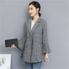 2023 Autumn and Winter Long Chic Slim Style Outwear Pleated Trumpet Sleeves Check Elegant Office Lady Blazer
