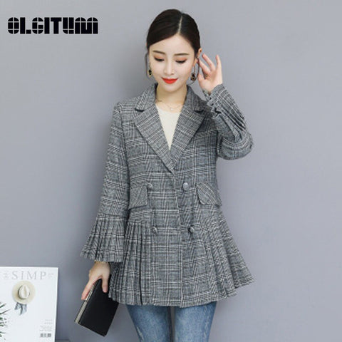 2023 Autumn and Winter Long Chic Slim Style Outwear Pleated Trumpet Sleeves Check Elegant Office Lady Blazer