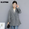 2023 Autumn and Winter Long Chic Slim Style Outwear Pleated Trumpet Sleeves Check Elegant Office Lady Blazer