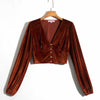 2023 Spring Shirts Women's Short Shirts V-neck Long Sleeve Single-breasted Gold Velvet Blouse Female Coat Tops