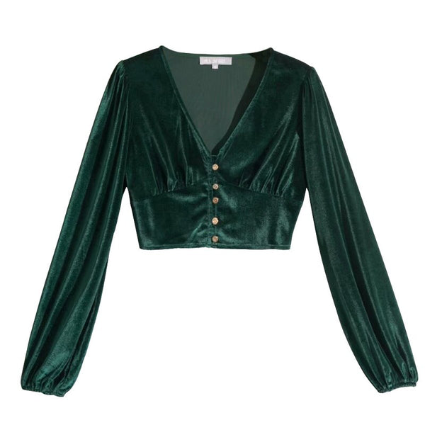 2023 Spring Shirts Women's Short Shirts V-neck Long Sleeve Single-breasted Gold Velvet Blouse Female Coat Tops