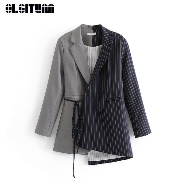 2023 Spring Women Blazer Jacket Color Matching Lace Waist Women Suit Jacket Women Long Coat BL044