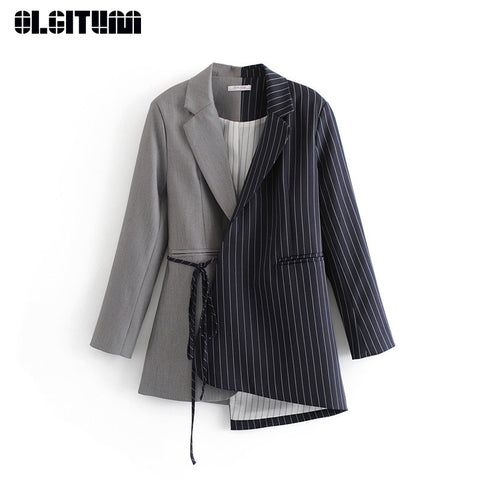 2023 Spring Women Blazer Jacket Color Matching Lace Waist Women Suit Jacket Women Long Coat BL044