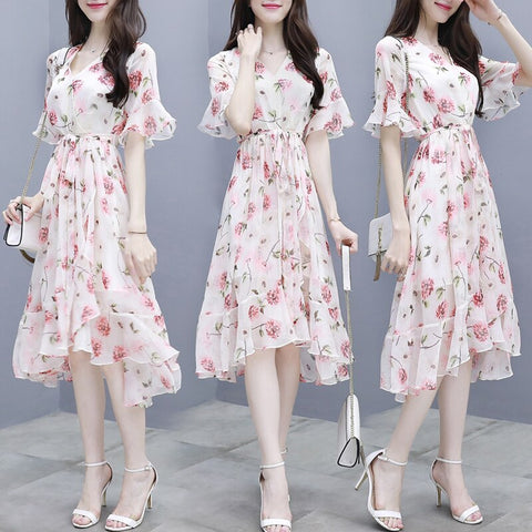 2023 Summer Women Dress maxi Casual Party Evening Sexy High Waist Ruffles Chiffon Dresses Elegant Ladies Floral Vestidos