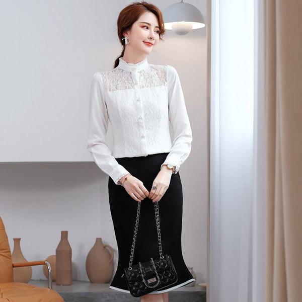 2022 Formal Professional Women Business Suits with Skirt and Lace Blouse Summer Fall  Fabric OL Styles Shirt