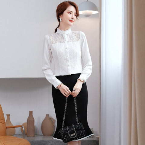 2022 Formal Professional Women Business Suits with Skirt and Lace Blouse Summer Fall  Fabric OL Styles Shirt
