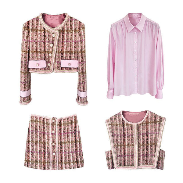 2022  Women Autumn Winter Pink Tweed Clothing Sets Lady Runway Elegant Slim Coat Skirt Shirt Vest Suit NS292