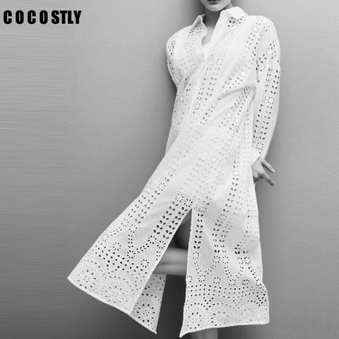 2022 Spring Summer Women White Sexy Hollow Shirt Midi Dress Chic Embroidery Long Sleeve Solid Beach Dresses Ladies Vestidos
