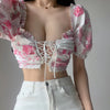 2023 Summer Lady Red Floral Lace Puff Sleeves Print Exposed Belly Button Sexy Short Short Sleeve Top Shirt Blouse NQIX