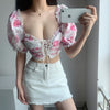 2023 Summer Lady Red Floral Lace Puff Sleeves Print Exposed Belly Button Sexy Short Short Sleeve Top Shirt Blouse NQIX