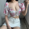 2023 Summer Lady Red Floral Lace Puff Sleeves Print Exposed Belly Button Sexy Short Short Sleeve Top Shirt Blouse NQIX
