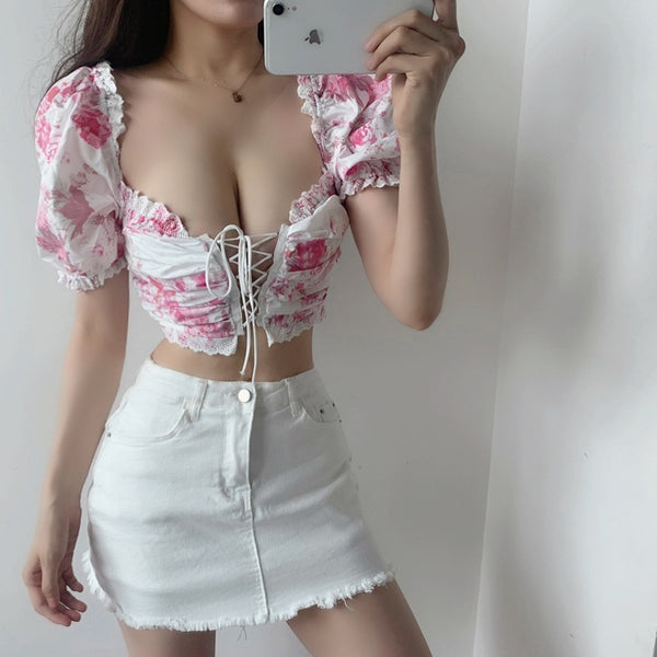 2023 Summer Lady Red Floral Lace Puff Sleeves Print Exposed Belly Button Sexy Short Short Sleeve Top Shirt Blouse NQIX