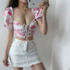 2023 Summer Lady Red Floral Lace Puff Sleeves Print Exposed Belly Button Sexy Short Short Sleeve Top Shirt Blouse NQIX