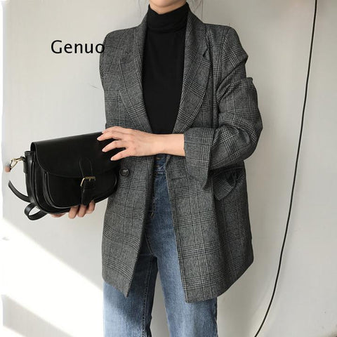 2023 Winter Spring Women's Blazers Plaid Double Breasted Pockets Formal Jackets Checkered Outerwear Tops