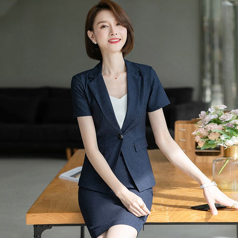2022 Women Skirt Suits Navy Blue Blazer and Jacket Sets Office Ladies Business Work Clothes