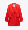 2022 Za Blazer Women red white Long section Double Breasted Blazer Coat Vintage Long Sleeve Pockets Female Outerwear