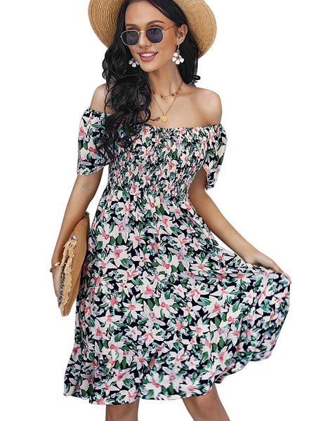 2023 Summer Bohemian Dress Women's Butterfly Sleeve Slash Neck Floral Print Vestidos Chic Elegant Midi Dresses