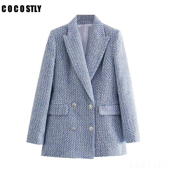 2023 Women Blazers Tweed Double Breasted Blazer Coat Vintage Long Sleeve Female  blazer tweed noir Outerwear Veste Femme