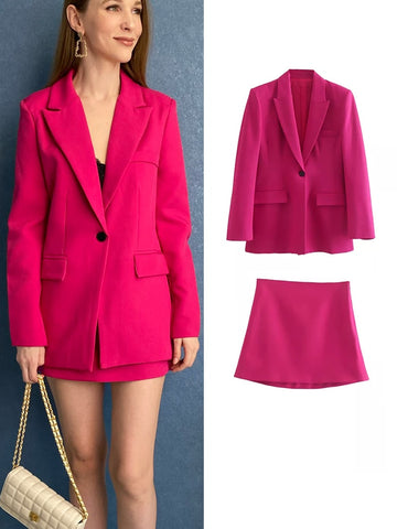 2Pcs 2023 Spring Women OL Skirts Blazer Suits Solid Color Single Button Jacket Long Sleeve Notched Coats Outwear