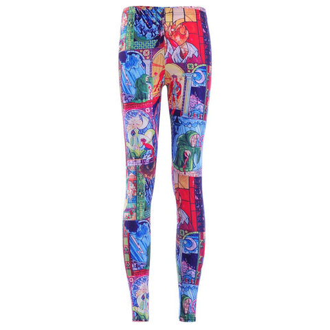 New 3887 Sexy Girl Cartoon Beauty and the Beast Rose Prints Elastic Slim Fitness Workout Women Leggings Trousers Pants Plus Size